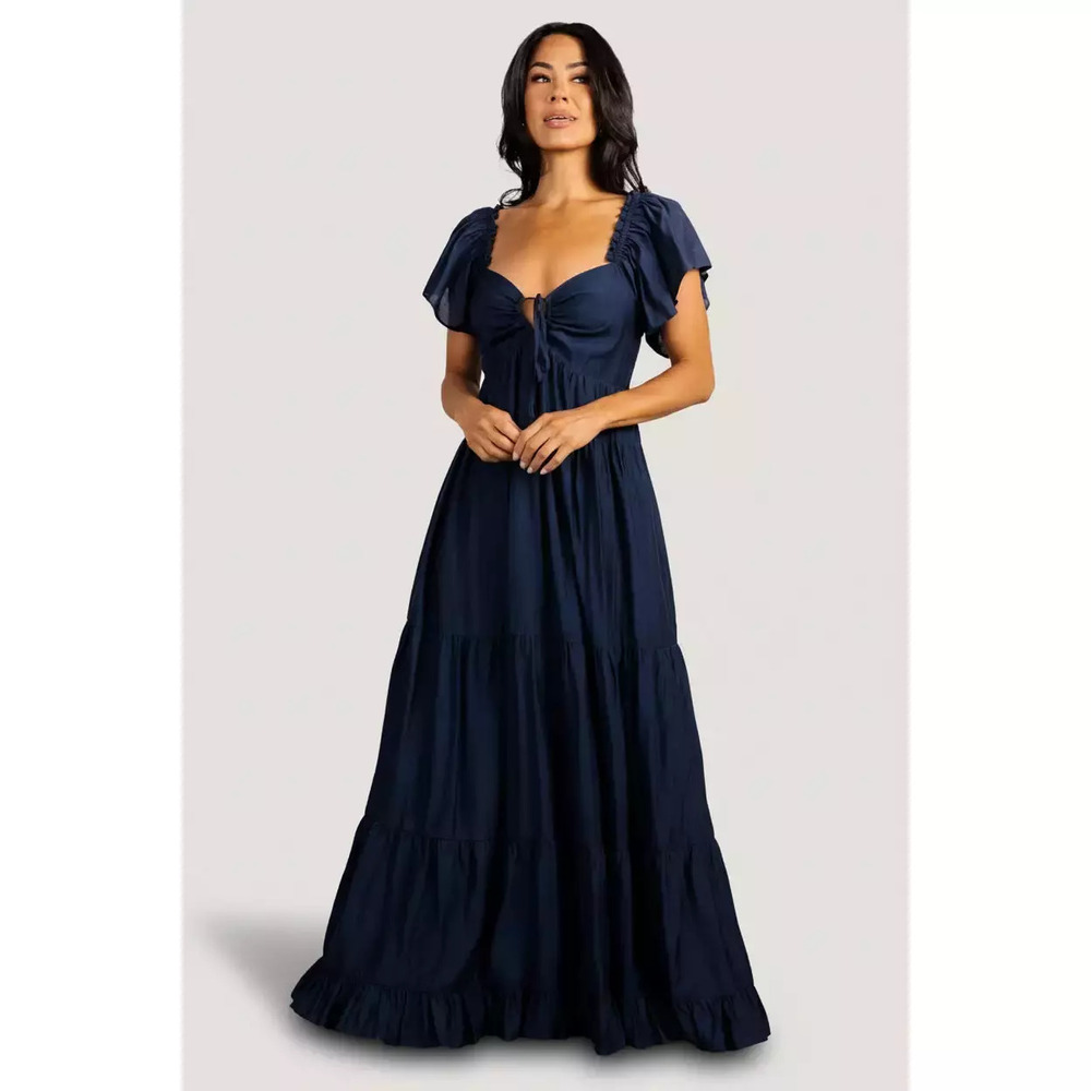 BALTIC BORN Agatha Maxi Tie Front Dress Dark Blue Size L Cottage Core NEW W TAGS